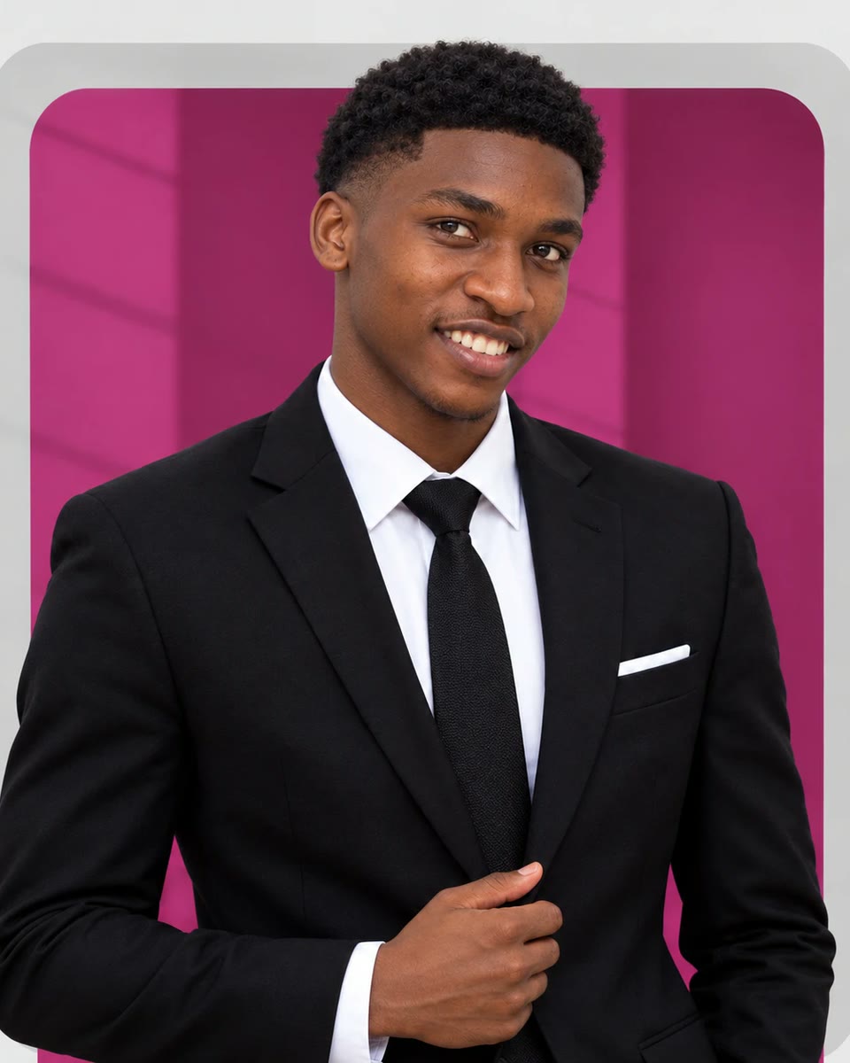 Devian Chard in a black suit and tie, smiling